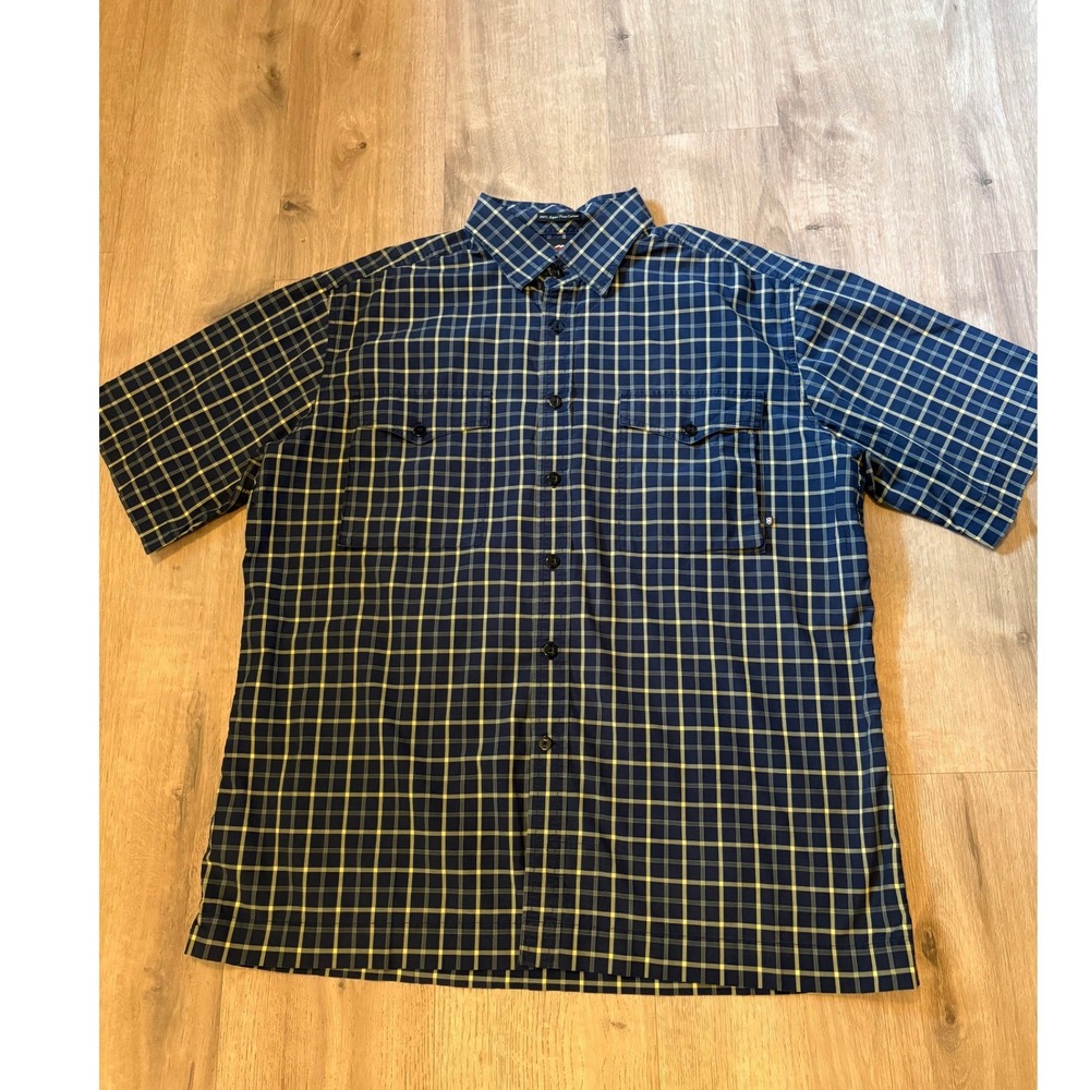 Victorinox Swiss Army Shirt XL Navy Blue Yellow Plaid S/S Cotton Utility Rugged